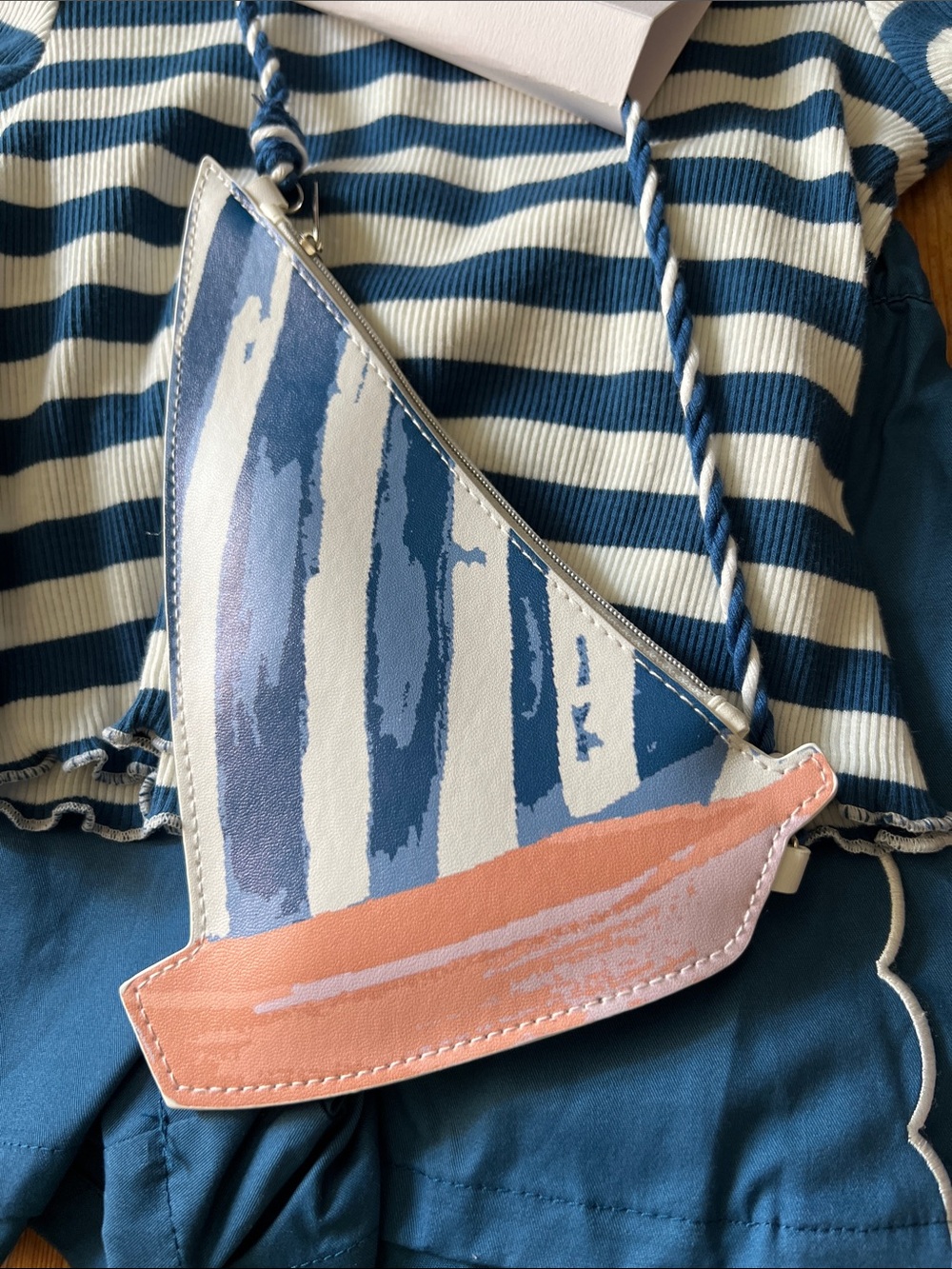 Sigrid Olsen Navy & Cream Striped Top with zipper Sailboat pocketbook-so cute - Picture 3 of 6